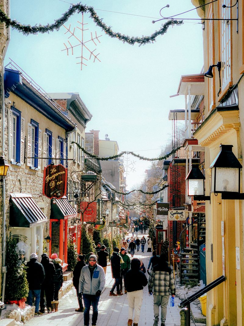 Festive Rue du Petit Champlain street in Quebec City