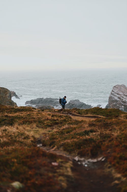 A person walking on a hill overlooking the ocean