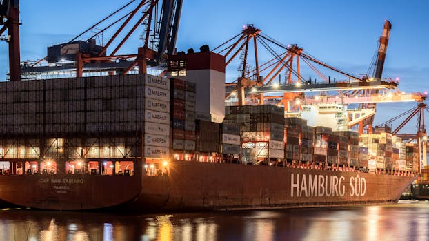 Large cargo ship docked in Hamburg port, showcasing busy industrial activity during twilight.