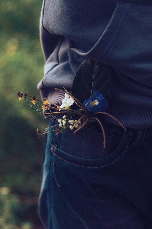 A person wearing a blue hoodie with a flower in their pocket
