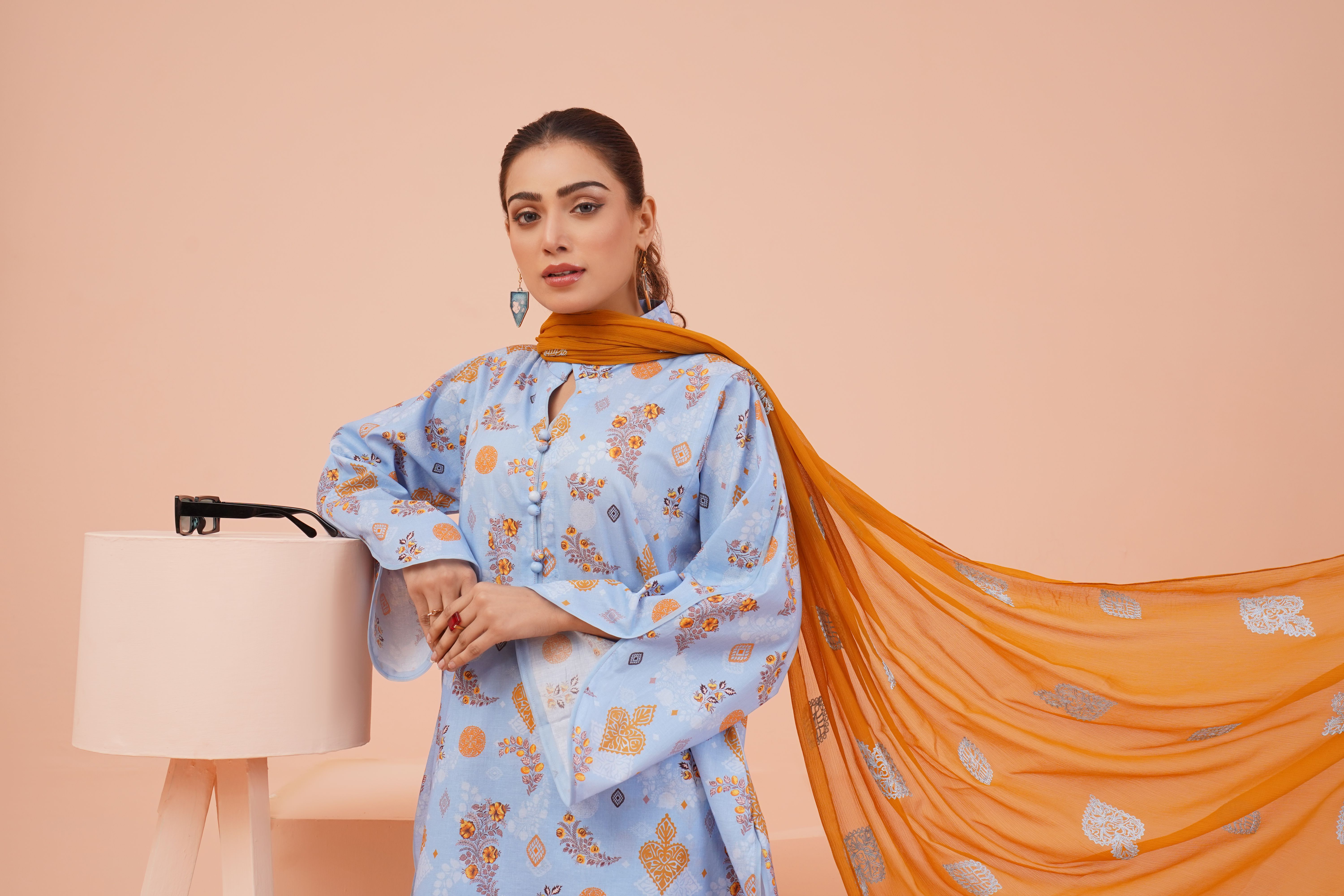 Woman in Blue Floral Dress and Orange Scarf  Free Stock Photo
