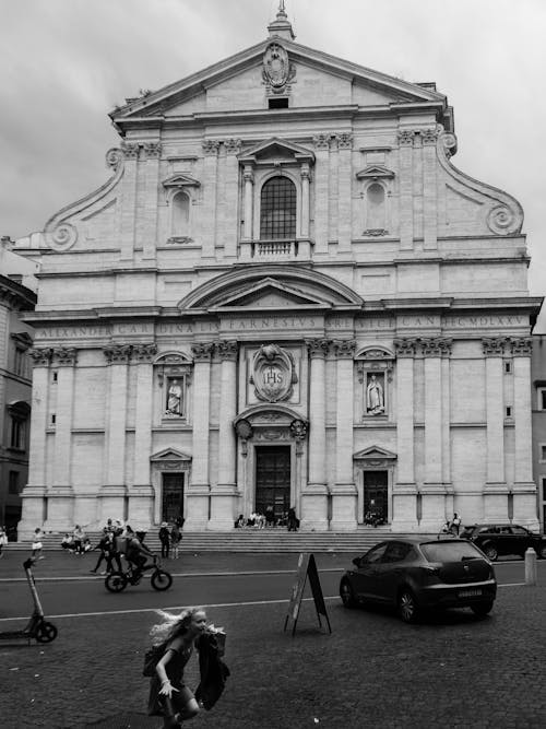 A black and white photo of a church