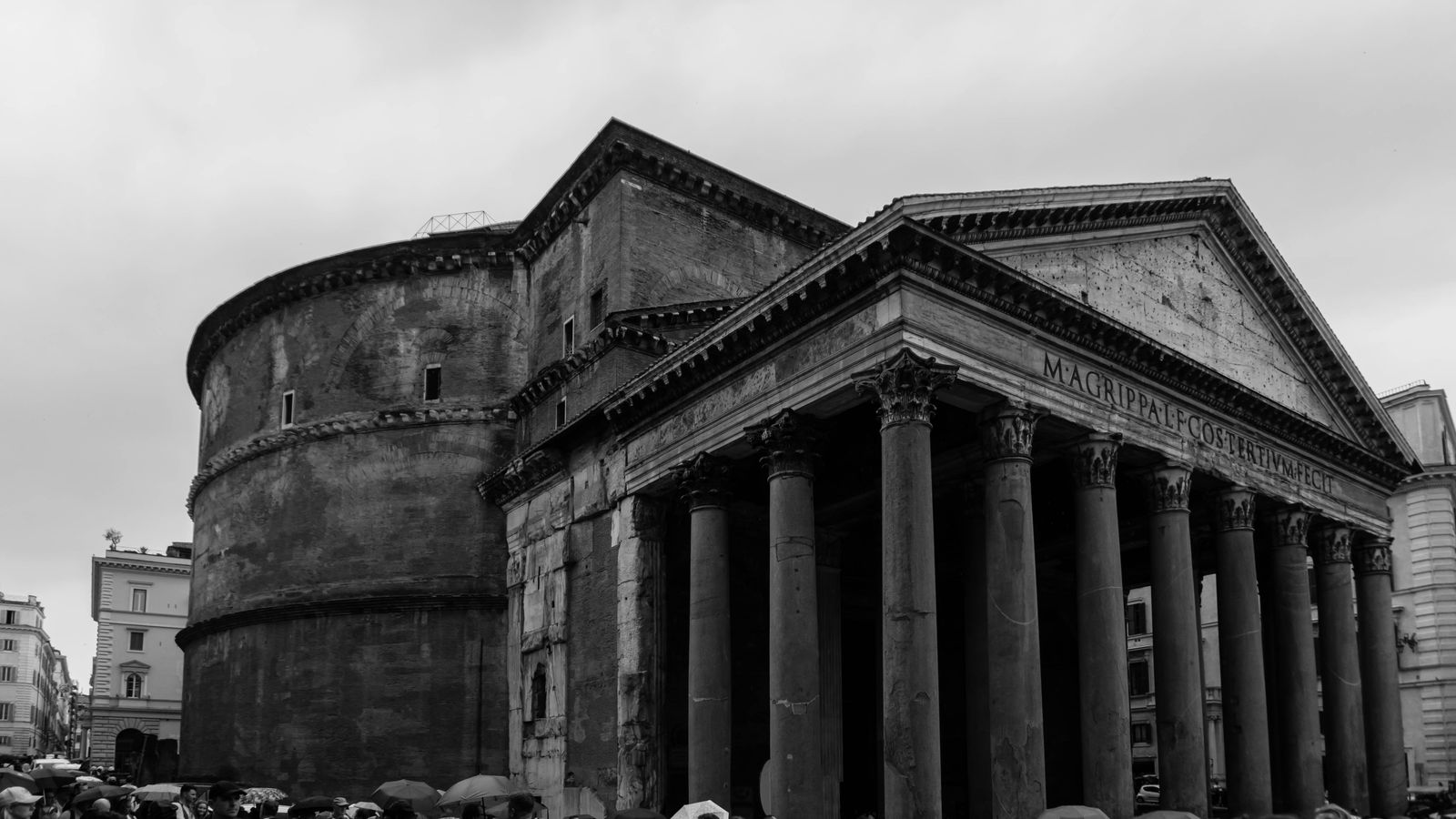 Black and white architectural photograph of the Pantheon, Rome