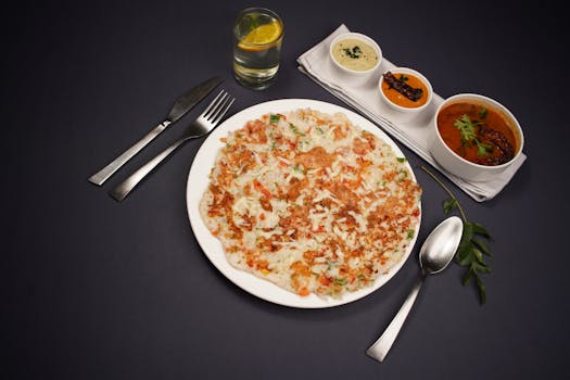 Delicious South Indian Uttapam served with chutneys and a refreshing drink on a dark background.