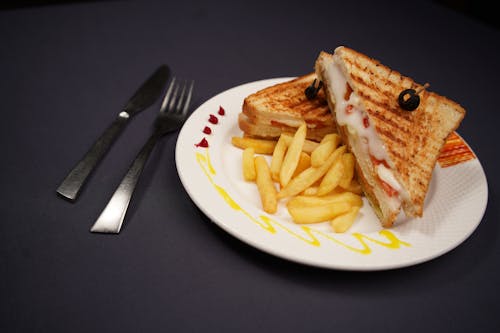 A plate with a sandwich and fries on it
