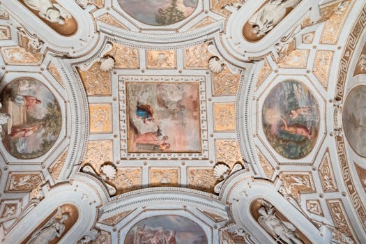 Intricate Vatican Museum ceiling featuring religious art and patterns, showcasing Catholic iconography.