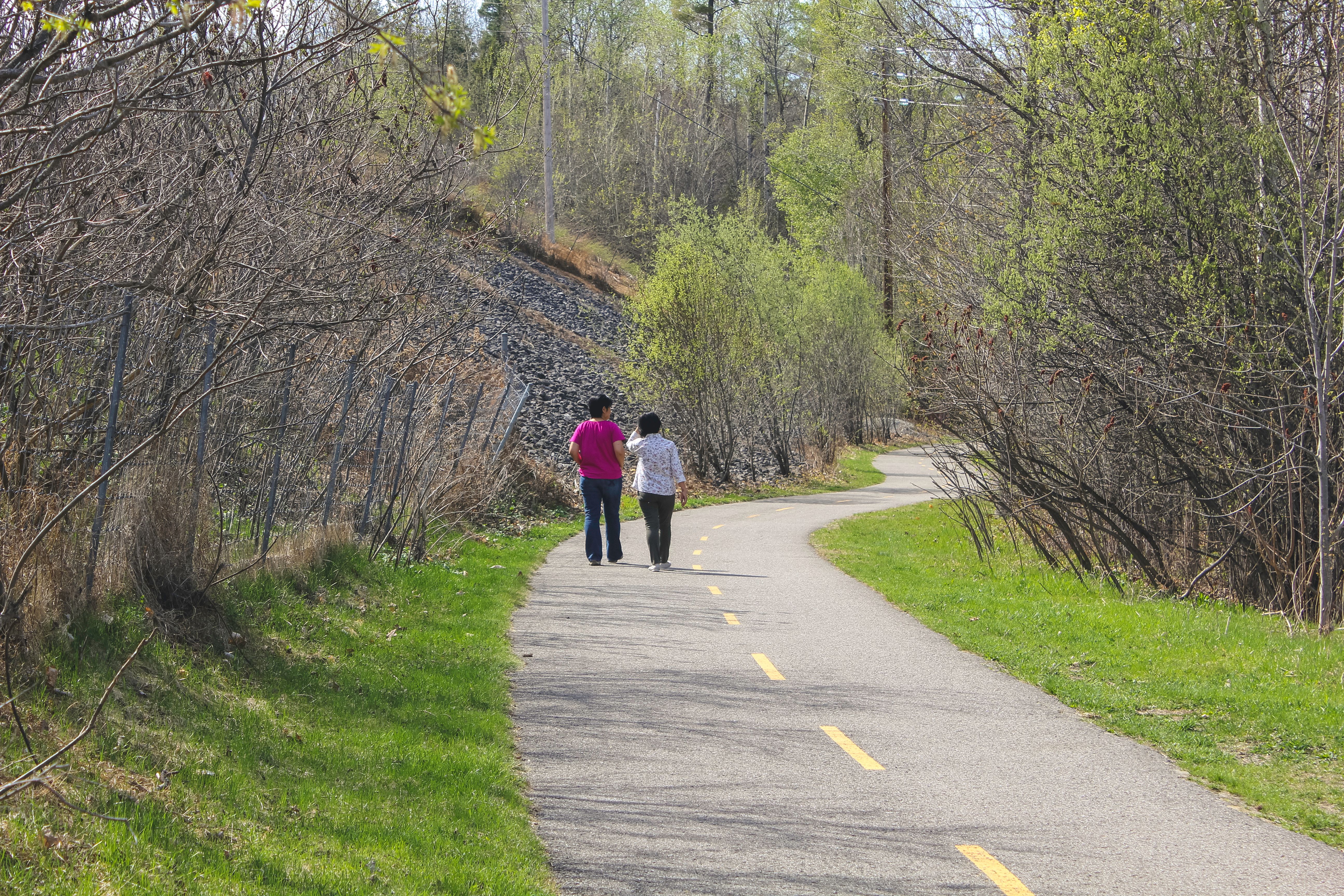 Two people walking along a serene path in Gatineau, Quebec, surrounded by spring foliage.