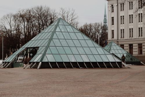 Free Modern glass pyramids in Riga, blending contemporary architecture with classic city charm. Stock Photo