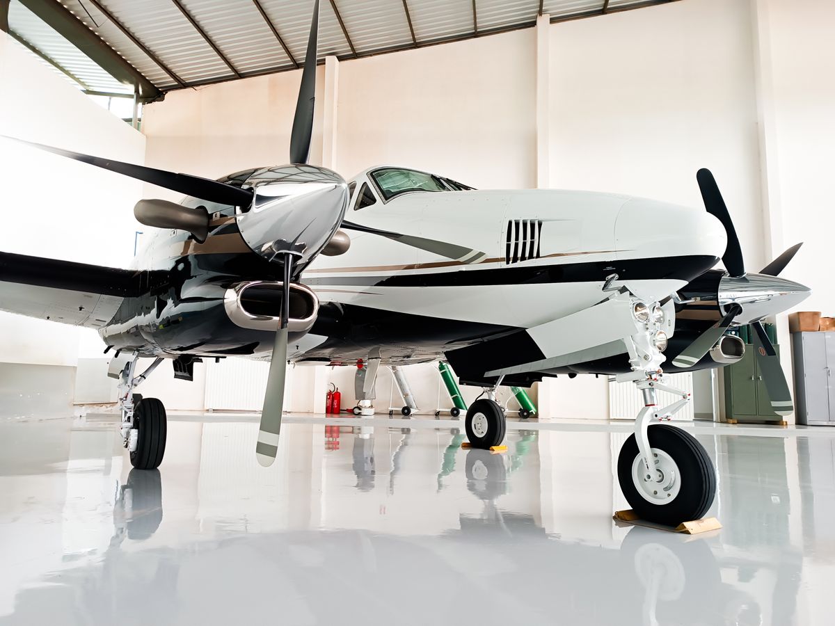Private jet in a clean hangar
