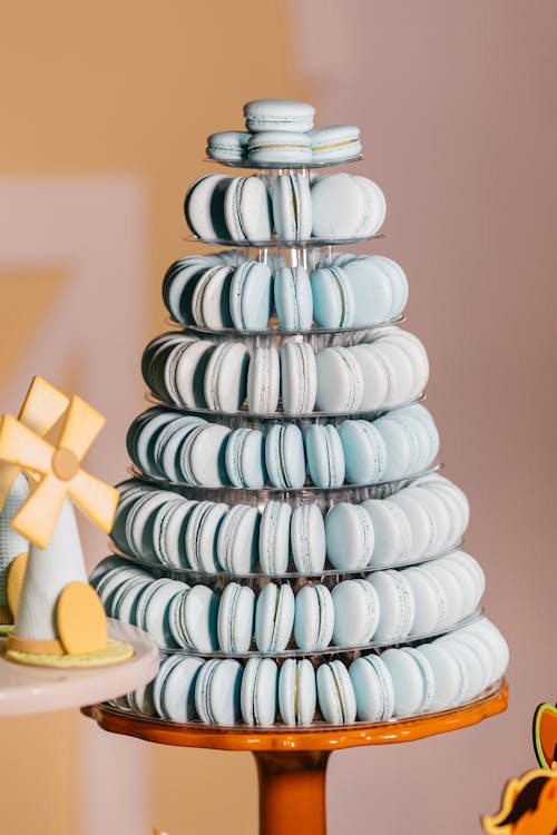 A tower of macarons on a table