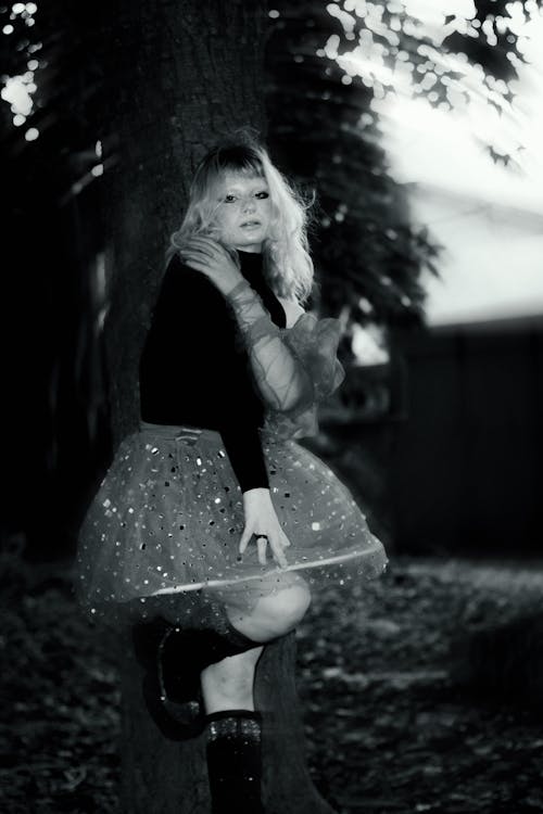 Woman in Dress in Black and White