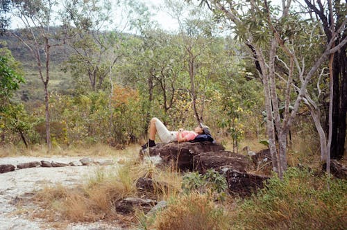 A person laying on a rock in the middle of a forest