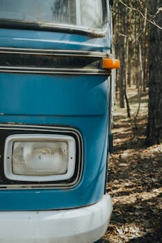 Partial view of a vintage blue van parked in a sunlit forest, evoking travel nostalgia.