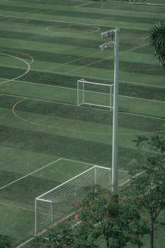 A detailed aerial shot of an empty soccer field showcasing multiple goals and green turf.