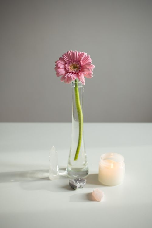 Free Minimalist arrangement of a pink gerbera, candle, and crystals on a white surface, creating a peaceful atmosphere. Stock Photo