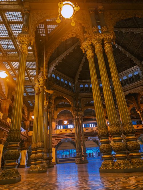 Free Ornate interior view with grand columns in Mysore Palace, India. Stock Photo