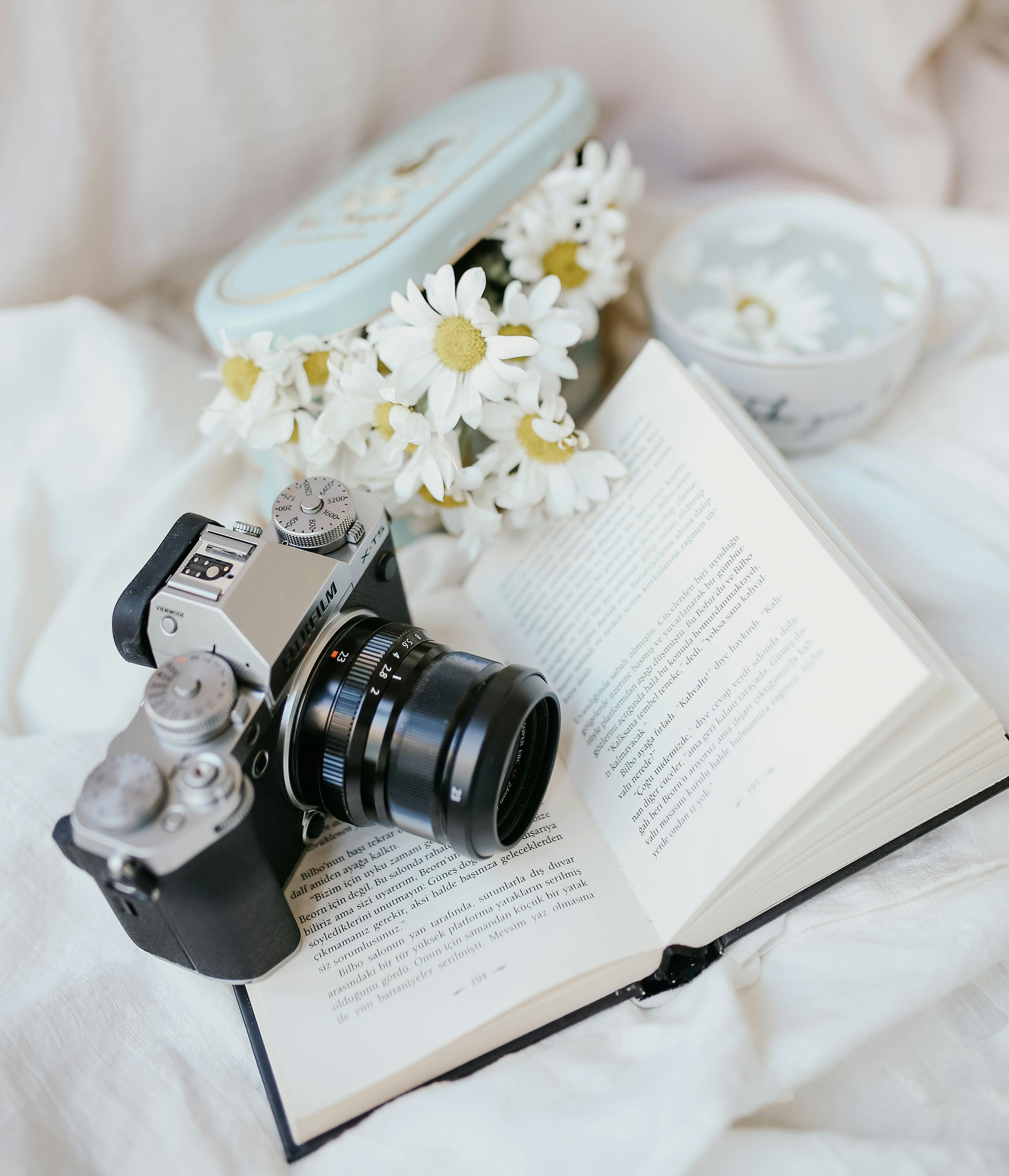 Vintage camera, open book, and daisies create a charming and thoughtful still life scene.