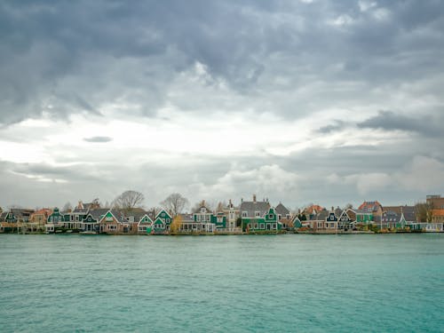Panoramic View of Waterfront Houses by the River in Zaanse Schans, the Netherlands