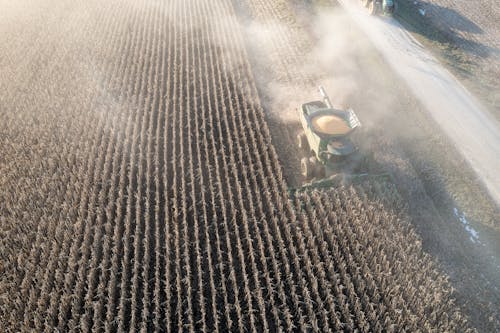 Aerial view of a combine harvesting a field