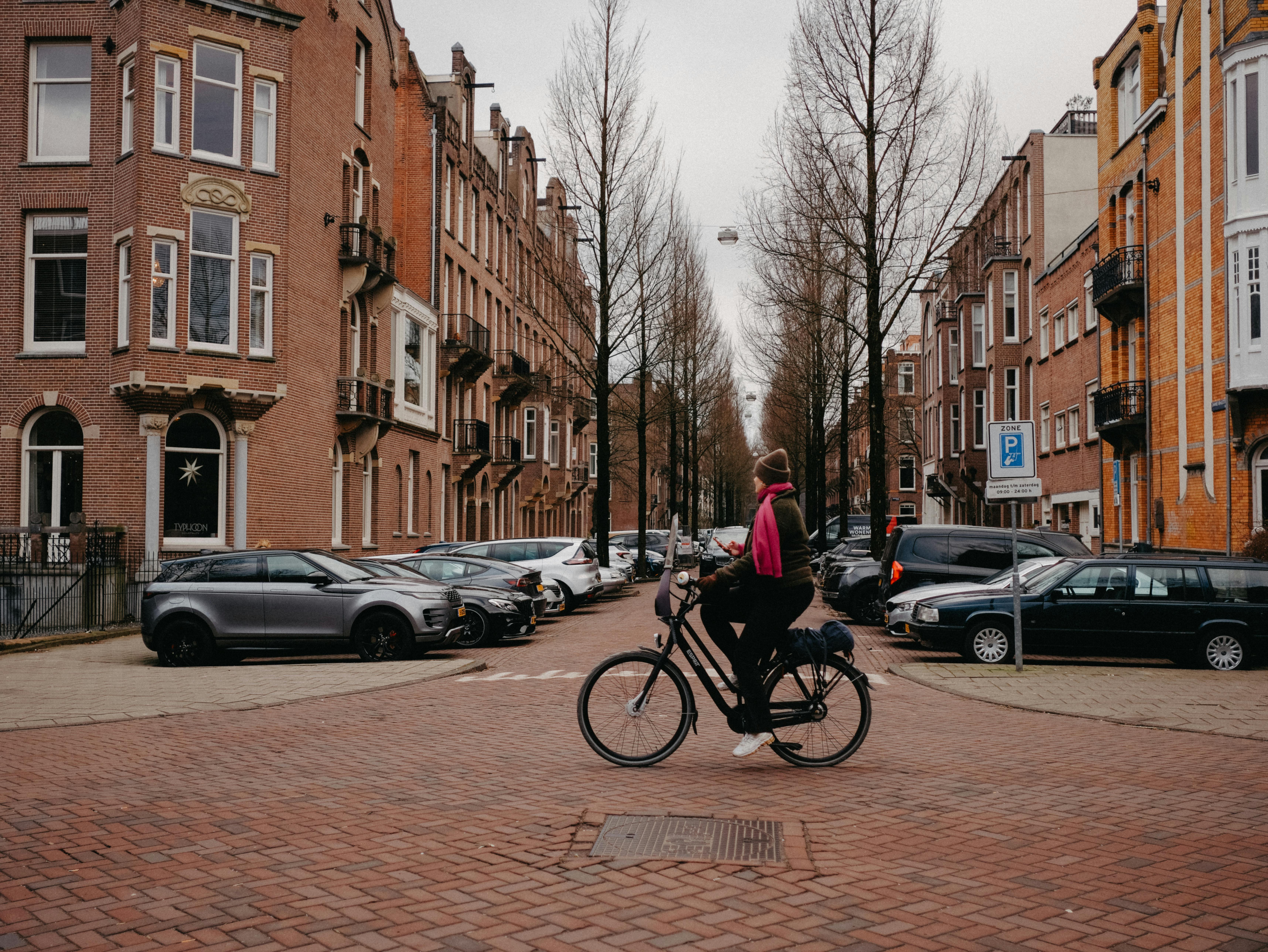 Free Woman riding a bicycle through a city street, lined with parked cars and historic buildings on an autumn day. Stock Photo