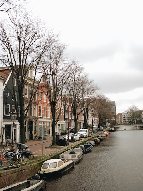 Boats Moored on a Canal in Amsterdam