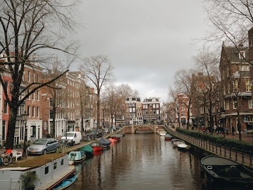 Brick Townhouses Along a Canal in Amsterdam