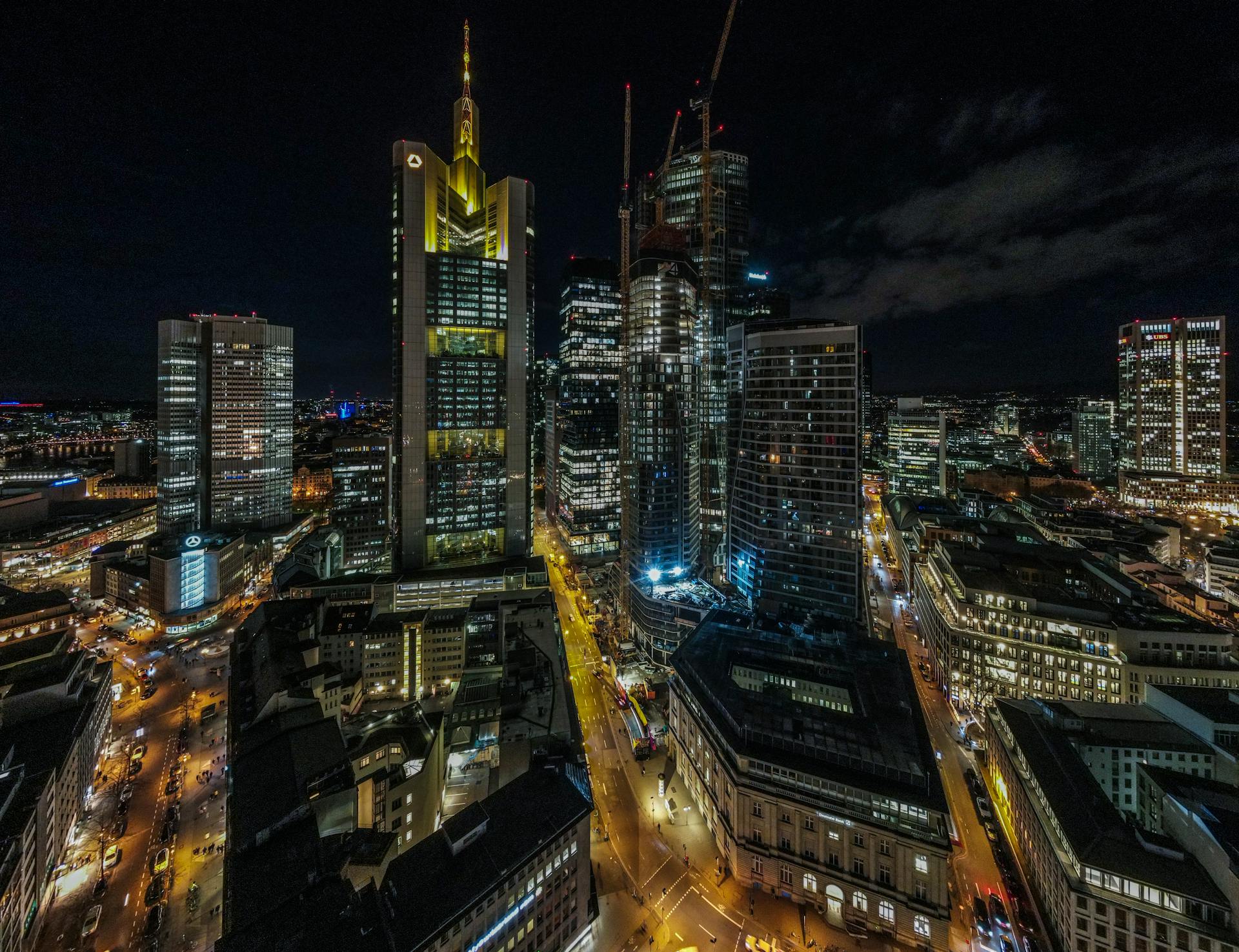 Birds Eye View of Frankfurt City at Night