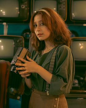 A woman holding a vintage camera in front of old TVs, capturing a retro vibe.
