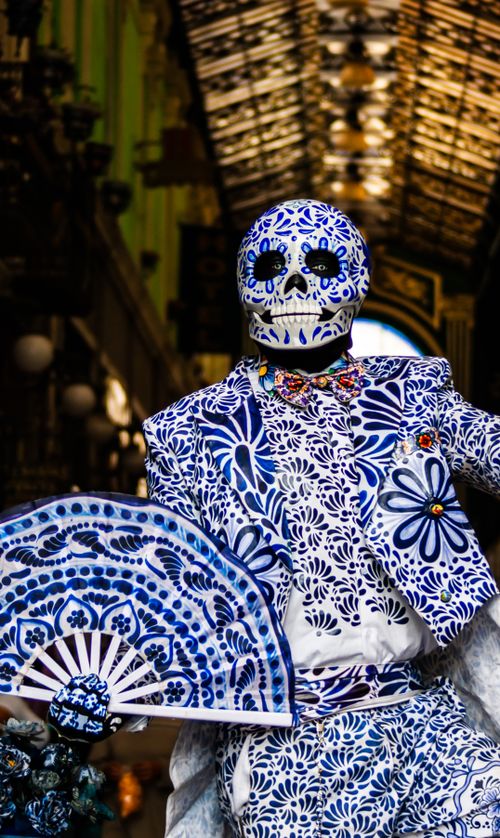 Free Vibrant Day of the Dead costume with floral patterns, Puebla, Mexico Stock Photo