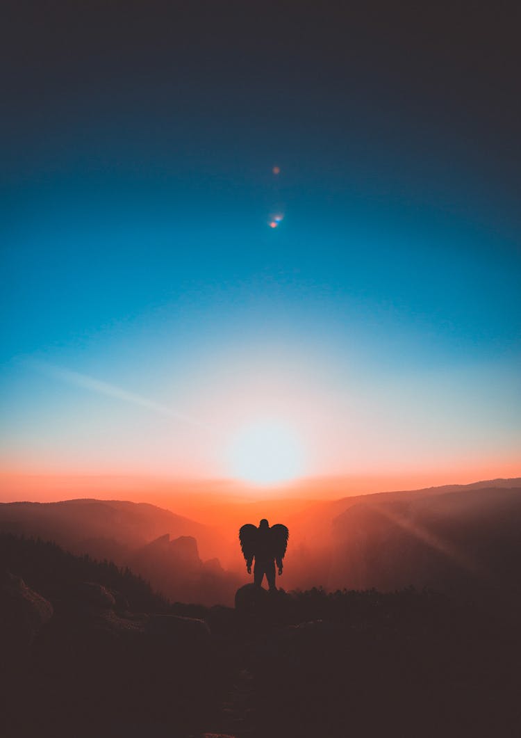 Silhouette Of Man With Angel Wings During Dawn 