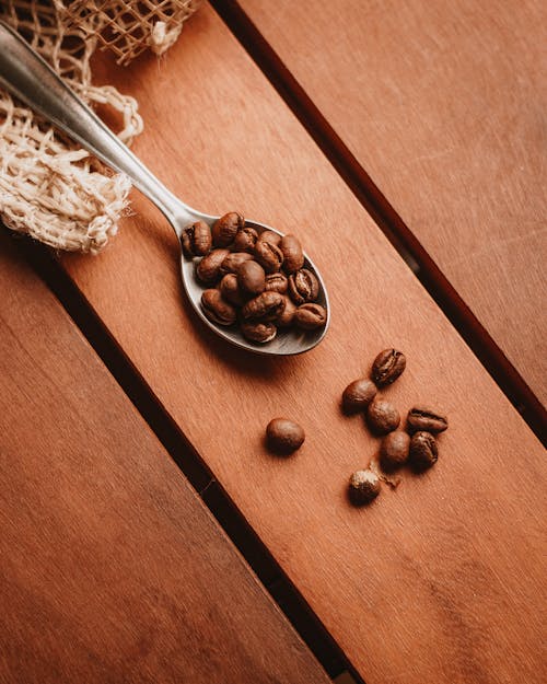 Spoon and Coffee Beans on a Garden Table