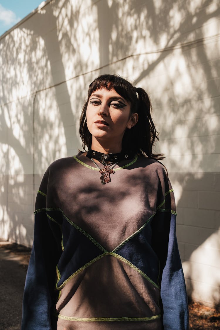 Woman In Black Choker And Sweatshirt