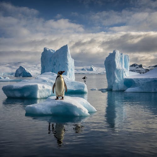 Emperor Penguin on Ice on Sea Coast