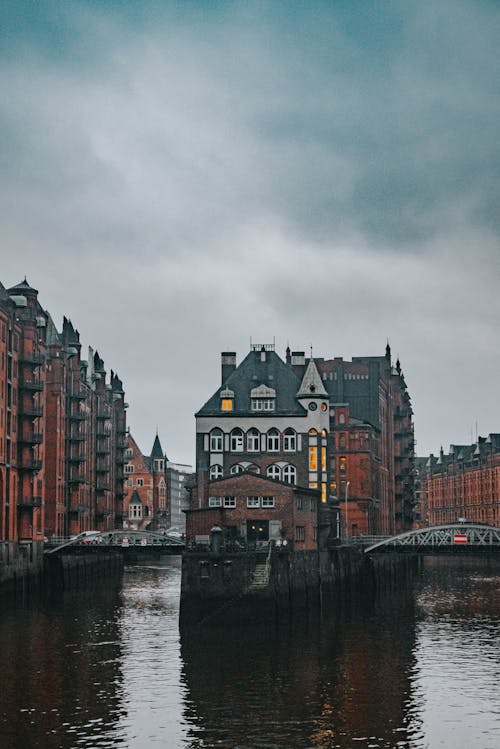 A river with buildings in the background