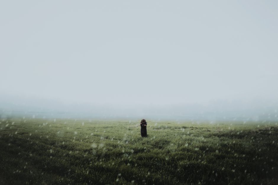 A solitary person standing in a misty grassland, evoking mystery and solitude.