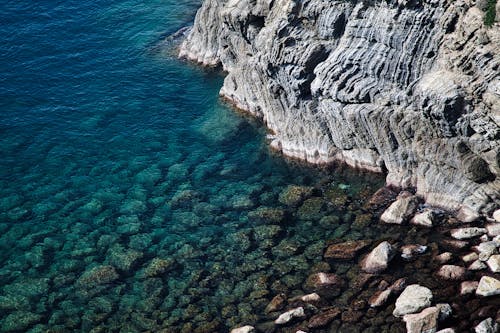 A rocky shoreline with clear water and rocks