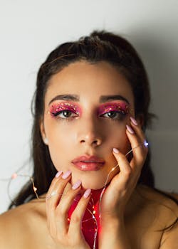 Striking close-up portrait of a woman with bold glitter makeup and festive lights.