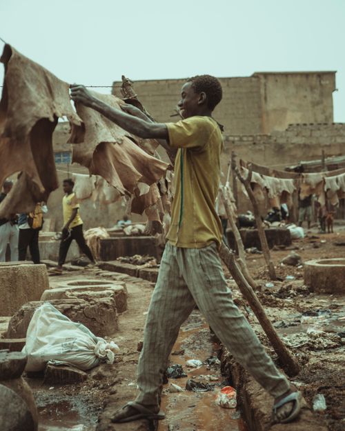 Free Young man working at a traditional leather tannery in a village setting. Stock Photo