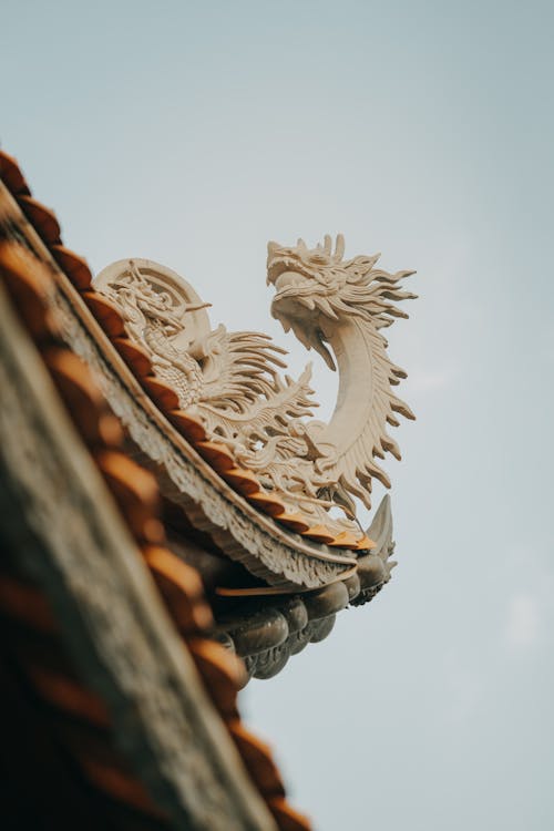 A dragon on top of a roof with a blue sky
