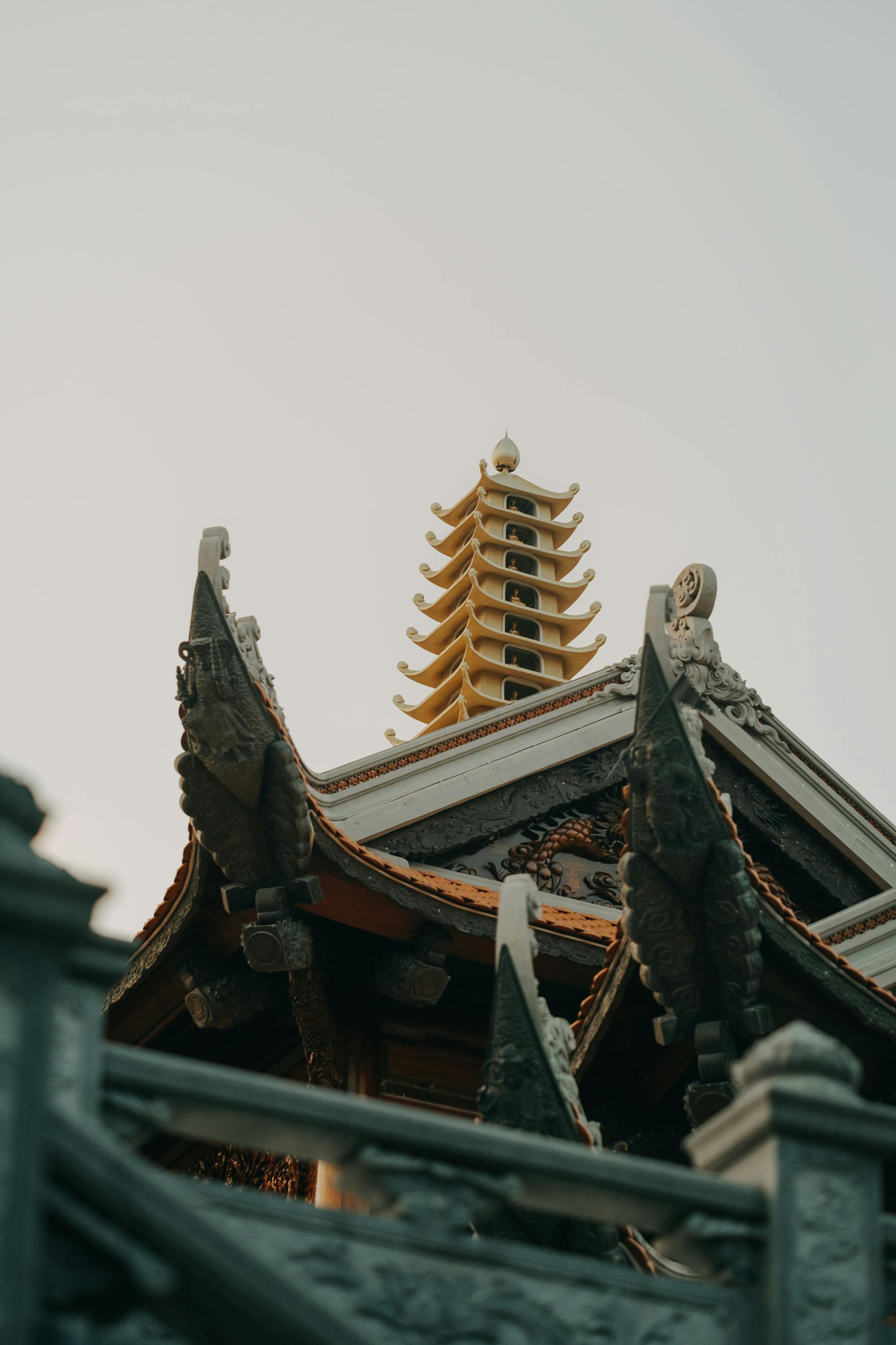 Elegant Asian temple architecture with intricate roof details against a serene sky.