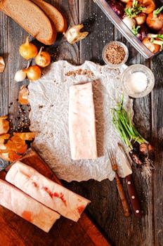 Top view of rustic cooking ingredients including salo, onions, and rye bread on a wooden table.