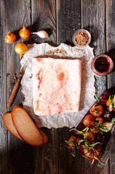 Top view of salo, vegetables, and bread on a rustic wooden table setting.