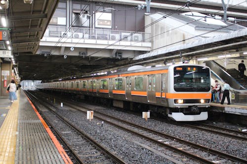 View of a Train at the Station in a City in Japan 