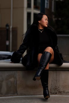Fashionable woman in black coat and boots poses on a stone bench in an urban setting.