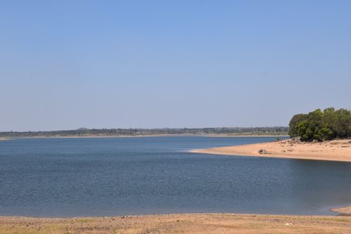 Free Serene lake view with sandy shore and lush green trees under a clear blue sky. Stock Photo
