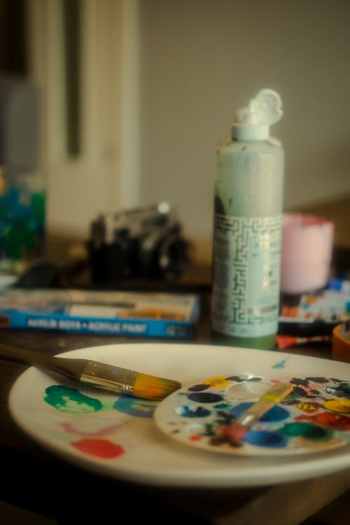 A plate with paint and brushes on it