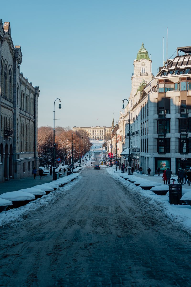 Karl Johans Gate street in Oslo leading towards the Royal Palace