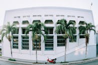 独特的中世纪现代建筑立面、棕榈树和越南的红色踏板车相映成趣