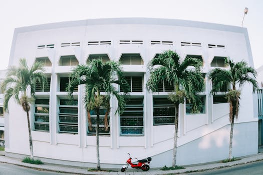 独特的中世纪现代建筑立面、棕榈树和越南的红色踏板车相映成趣