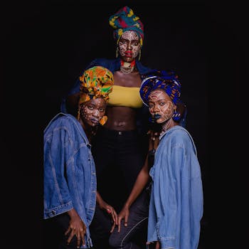 三位非洲妇女的迷人肖像中，她们头戴彩色头巾和牛仔布，脸上涂着彩绘